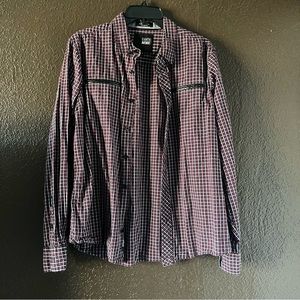 Red, Blue, & White Plaid Long Sleeve, Pockets on Chest, Size Medium